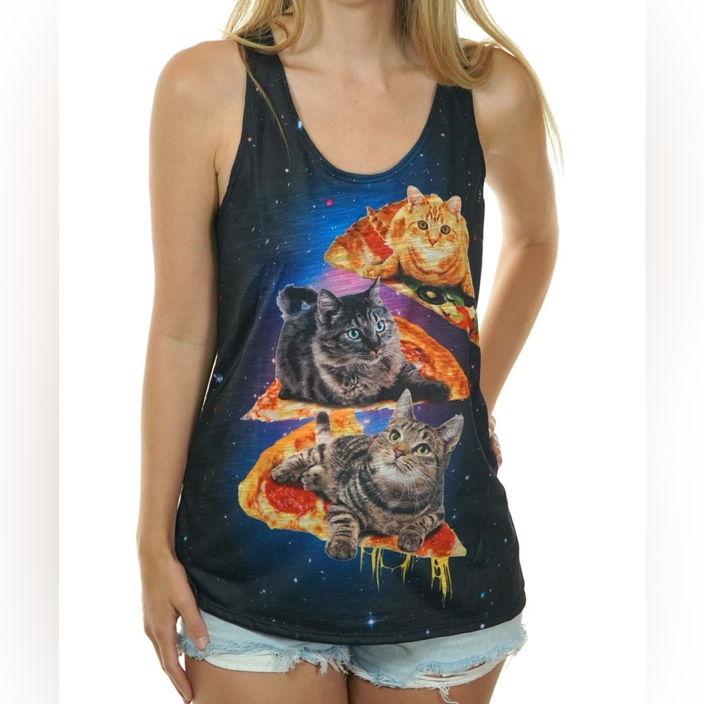 Kitty Cats Flying in Space on Pizza Racerback Tank Top, Black/Multicolor, Large